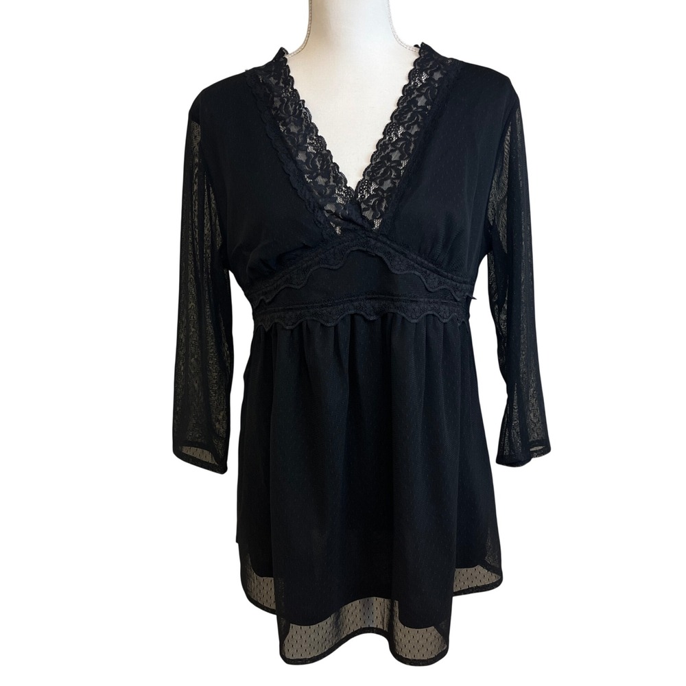 SUZANNE BETRO Black Lace Sheer Tunic‎ Top XL Whimsygoth Witchy Goth Dark Fairy